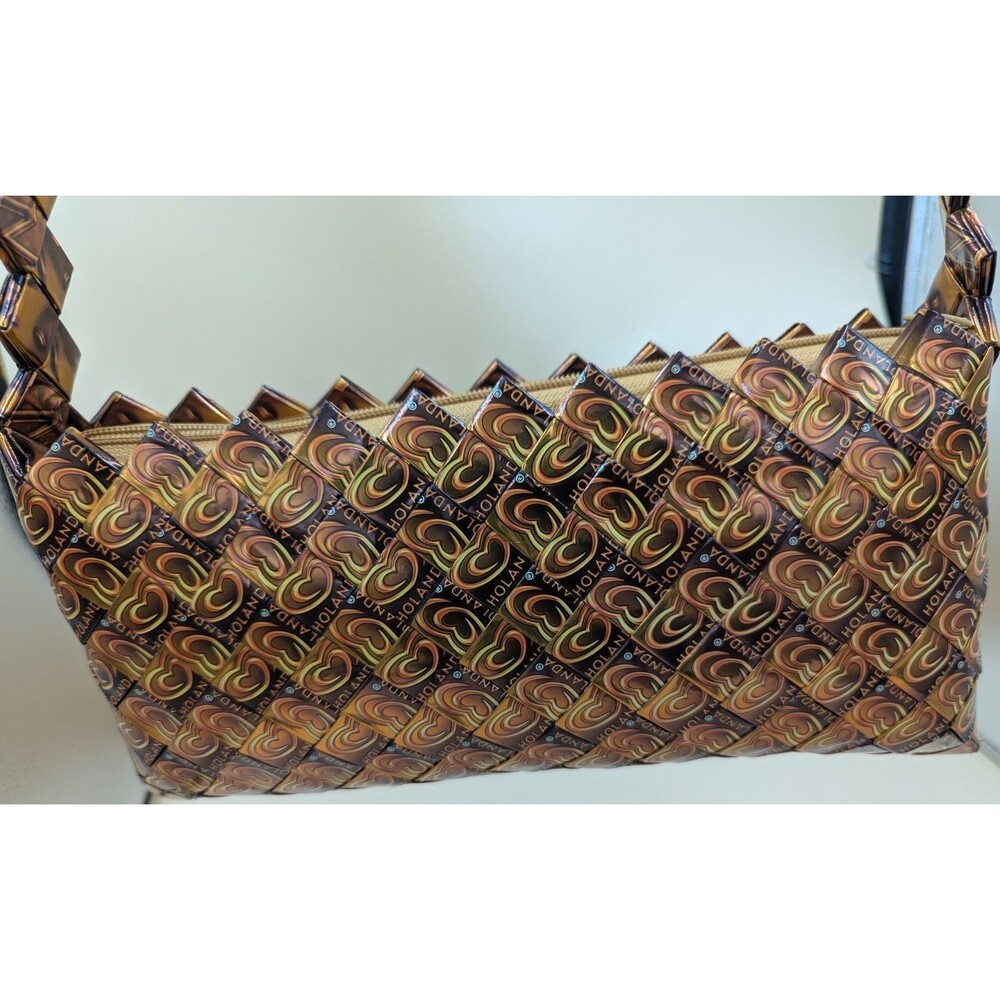 Handmade Purse Handbag Metallic Gold Brown Hearts Recylced Ice Cream Wrappers